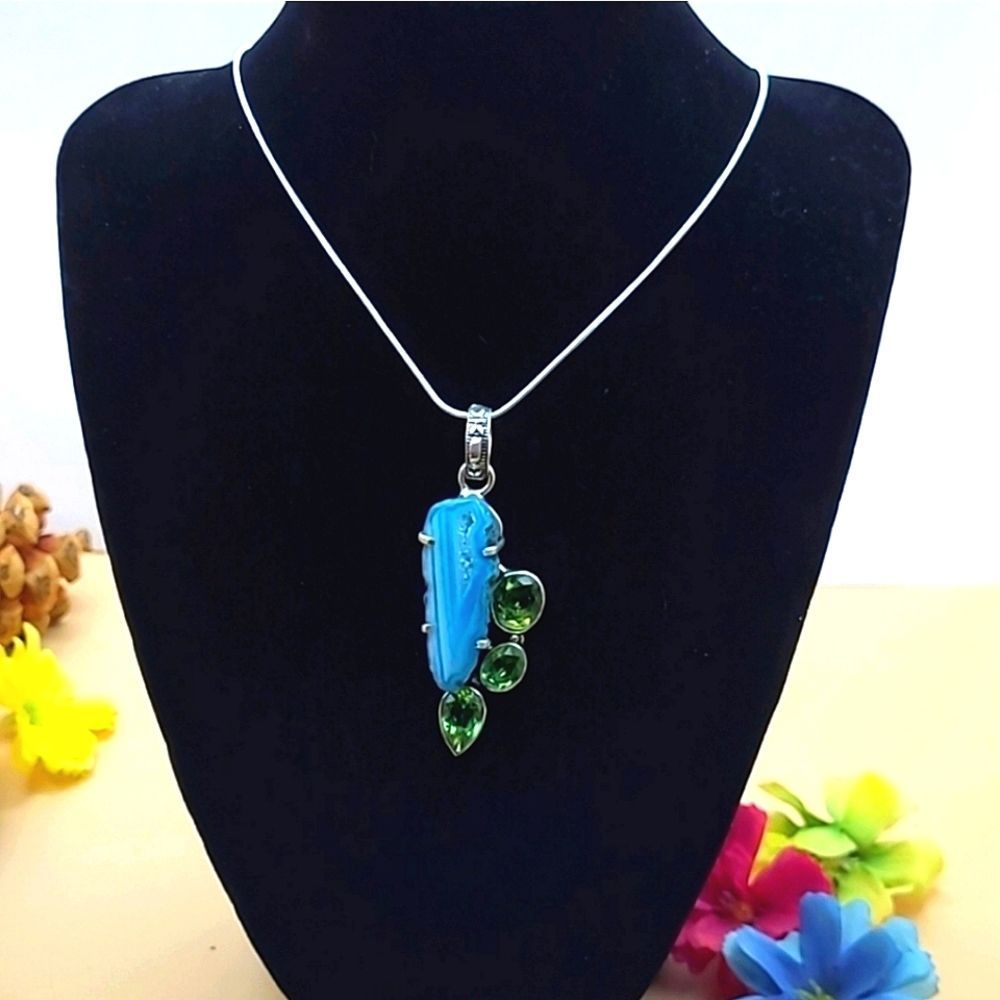 Blue Solar Quartz and Peridot Silver Pendant and 20" Silver Chain